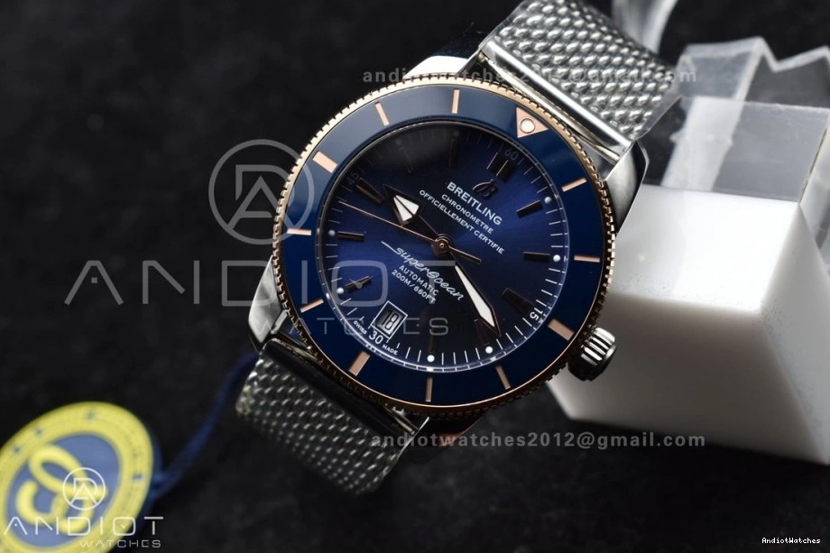 Ceramic BLSF SS Blue Dial and RG Blue II Bracelet Bezel A SuperOcean WaterResistant 1172 Mesh 42mm Heritage Bezel on 1213